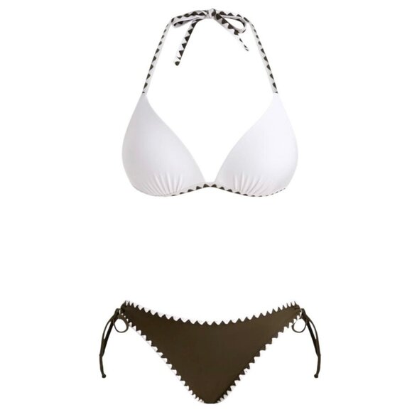 Cupshe XS Bikini Brown White Whipstitch Halter Plunge Tie Two Piece Swimsuit - Picture 4 of 9